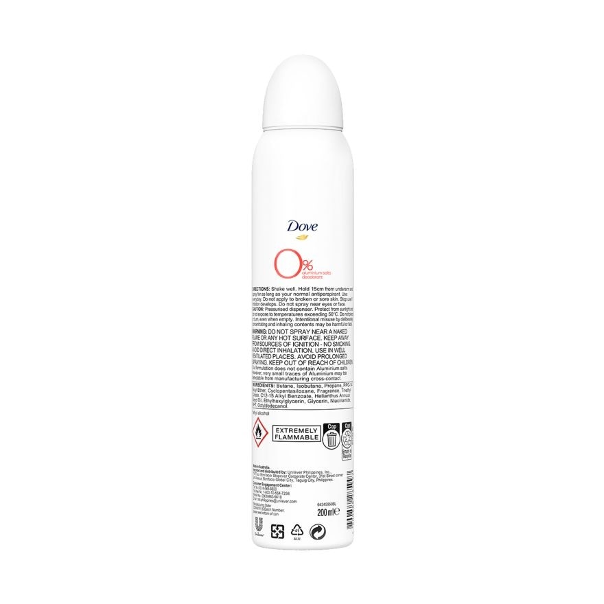 Dove Zero 0% Aluminum Deodorant Spray Peach & Lemon Verbena 200ml