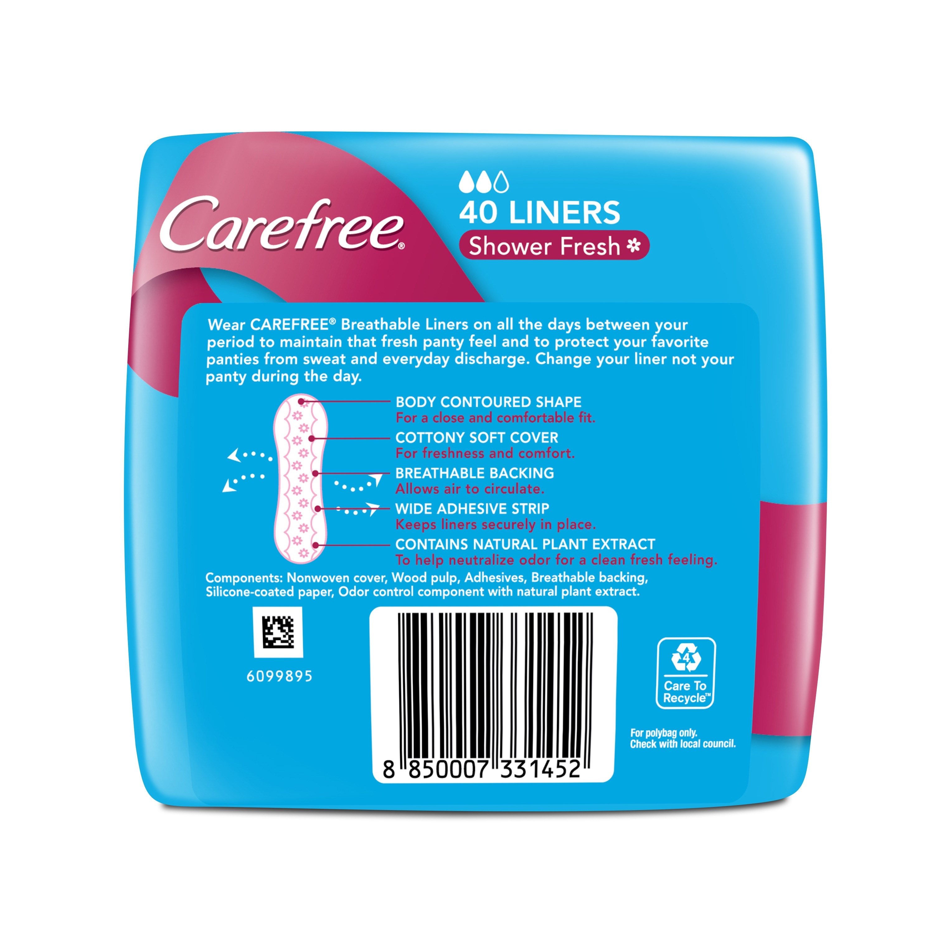 Carefree Breathable Panty Liners Flats 40s - Feminine Care, Odor Control, Absorb Discharge