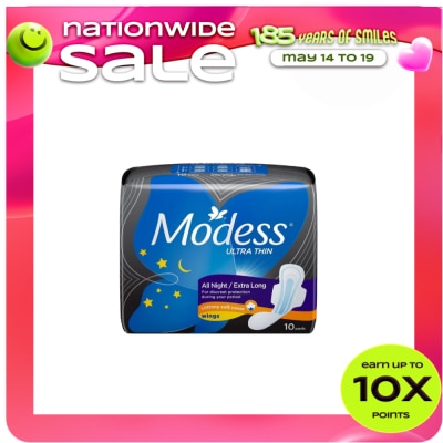 MODESS - Modess All Night Ultra Thin Extra Long with Wings Sanitary Napkin 10s - Med-Heavy Flow,Thin Pad