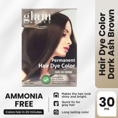 GLAMWORKS Permanent Hair Dye Color Dark Ash Brown 30ml