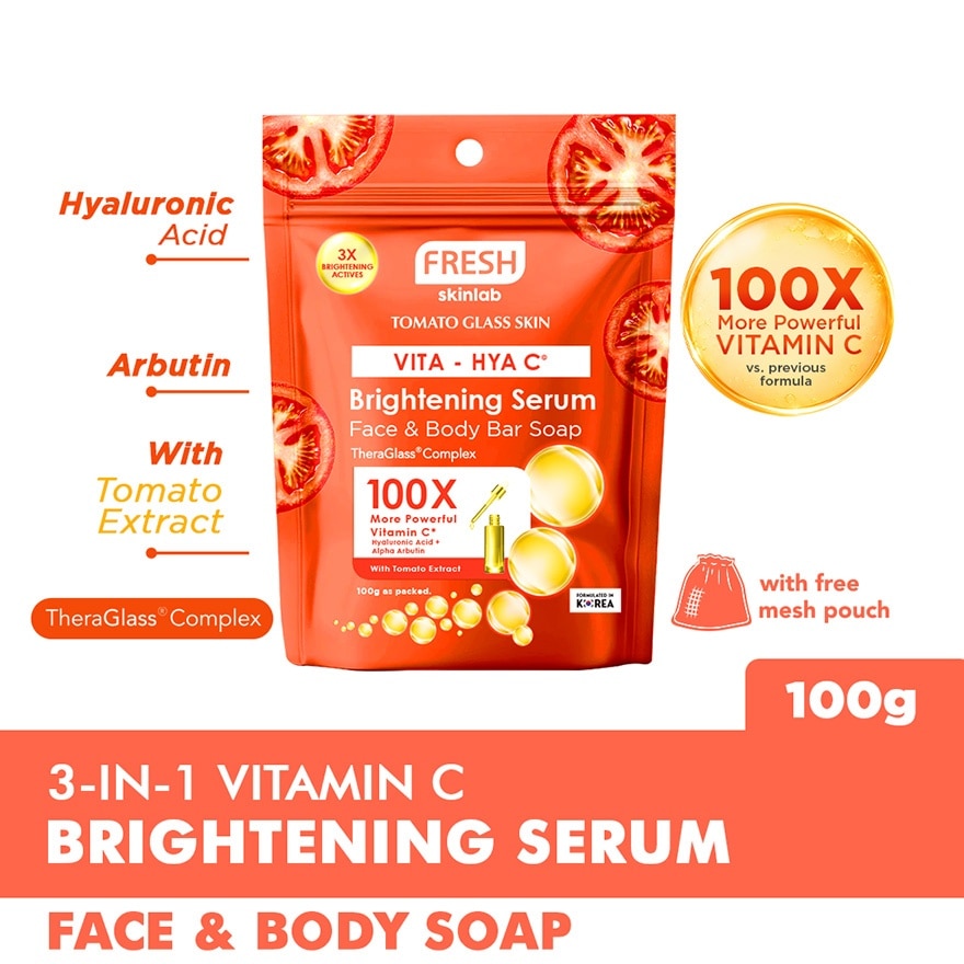 FRESH SKINLAB TOMATO Glass Skin Vita Hya C Brightening Serum Face & Body Bar Soap 100g Sachet image