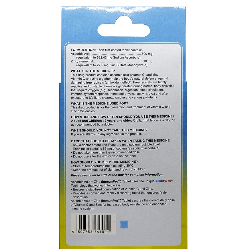 IMMUNPRO Sodium Ascorbate Zinc Film Coated Tablets 500mg 7+1 Pack