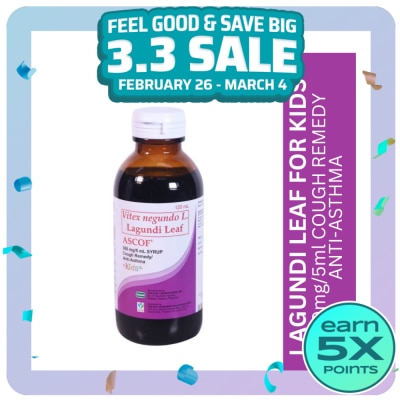 ASCOF Vitex negundo L. Lagundi Leaf 300mg/5ml Grapes Flavor Syrup For Kids 120ml