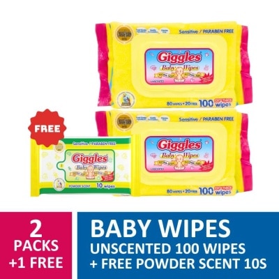 GIGGLES Baby Wipes Unscented 96 wipes x 2 packs + 1 free 10 wipes