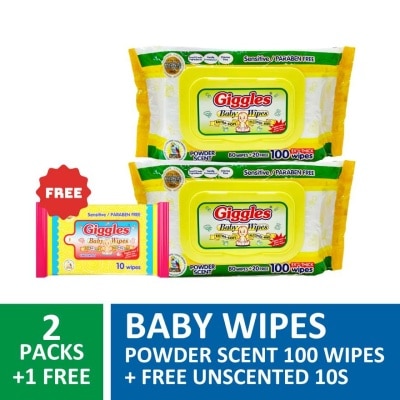 GIGGLES Baby Wipes Powderscent 96 wipes x 2 packs + 1 free 10 wipes