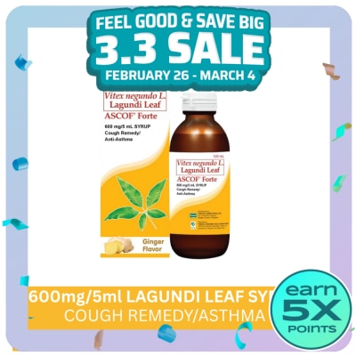 ASCOF Forte Lagundi for Adults 600mg/5ml Ginger Syrup 120ml