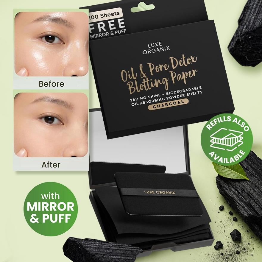 Luxe Organix Anne Clutz Charcoal Oil Absorbing Blotting Paper with Compact Mirror 50+20 Sheets image