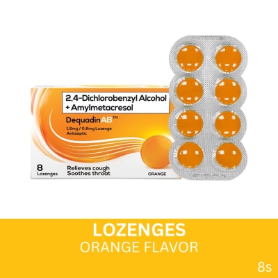 DEQUADIN AB 2,4-Dichlorobenzyl Alcohol + Amylmetacresol 1.2mg/0.6mg 8 Lozenges - Orange