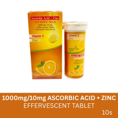 ASCOZIN Max Ascorbic Acid + Zinc 1000 mg/ 10mg 10 Effervescent Tablets