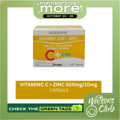 WATSONS GENERICS Vitamin C + Zinc 500mg 10mg 1 Capsule (sold per piece) image