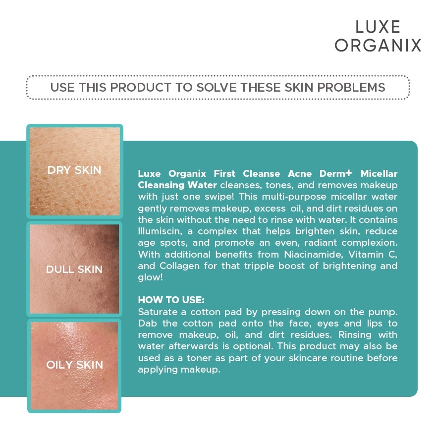 LUXE ORGANIX First Cleanse Miracle Solutions Acne Derm+ Micellar Cleansing Beauty Water 300ml