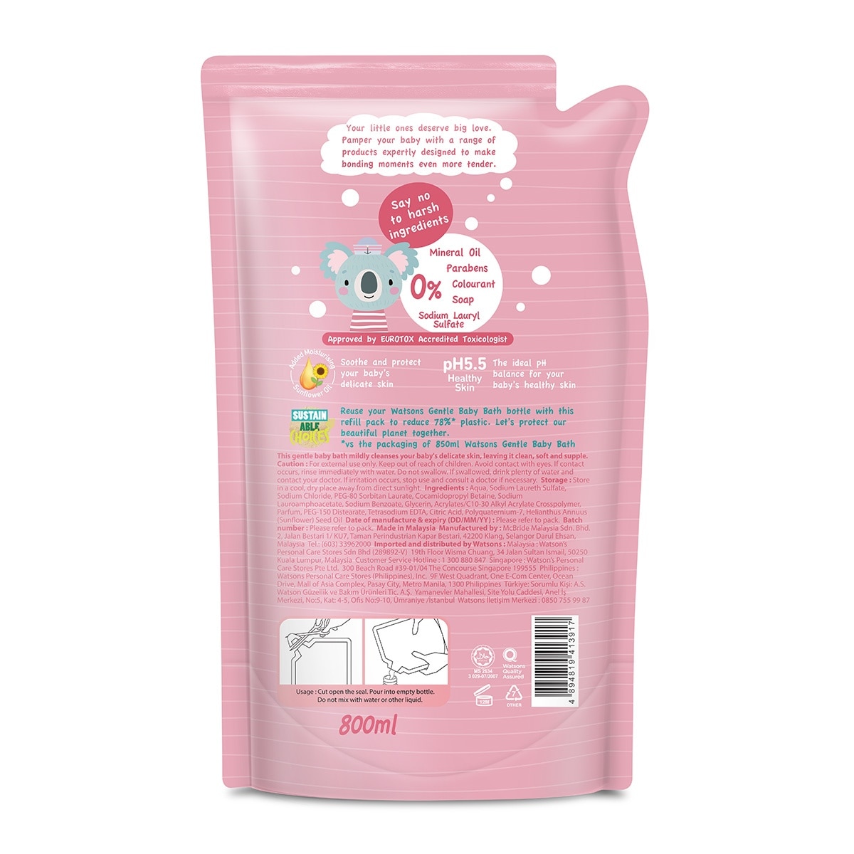 WATSONS Gentle Baby Bath Refill 800ml