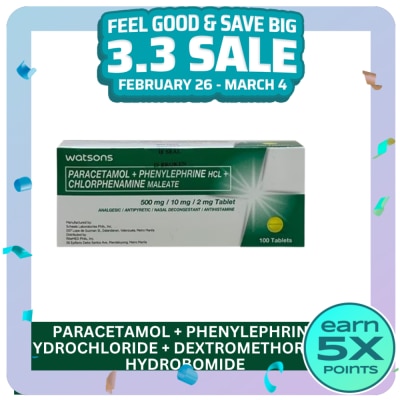 WATSONS GENERICS WATSONS GENERICS Paracetamol + Phenylephrine Hydrochloride + Chlorphenamine Maleate 500mg/10mg/2mg Sold Per Piece (Expiry: March 29, 2026)