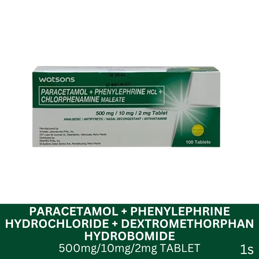 WATSONS GENERICS Paracetamol + Phenylephrine Hydrochloride + Chlorphenamine Maleate 500mg/10mg/2mg Sold Per Piece (Expiry: March 29, 2026)