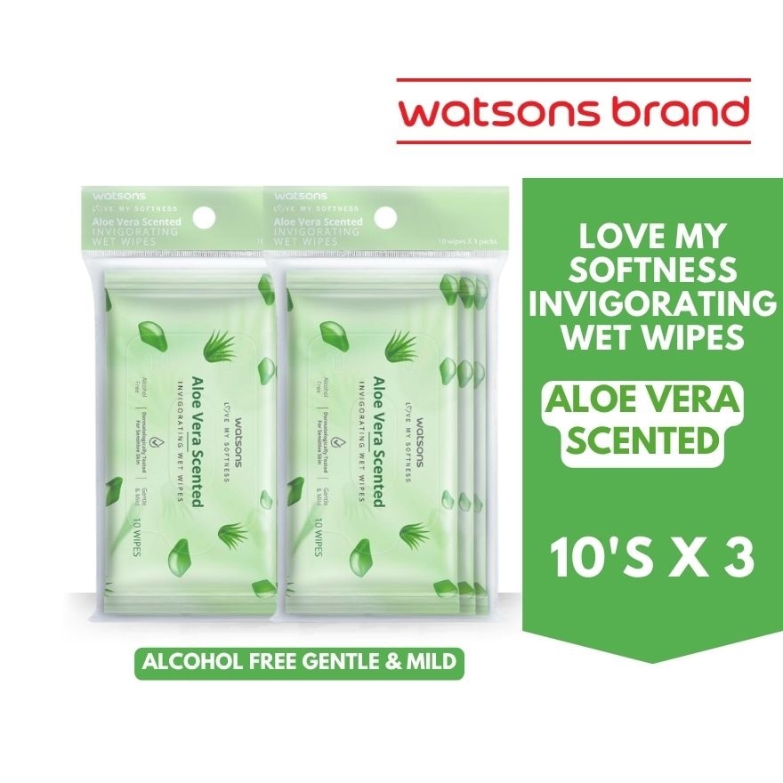 WATSONS Invigorating Wet Wipes Aloe Vera Scented 10 Wipes x 3 Pack
