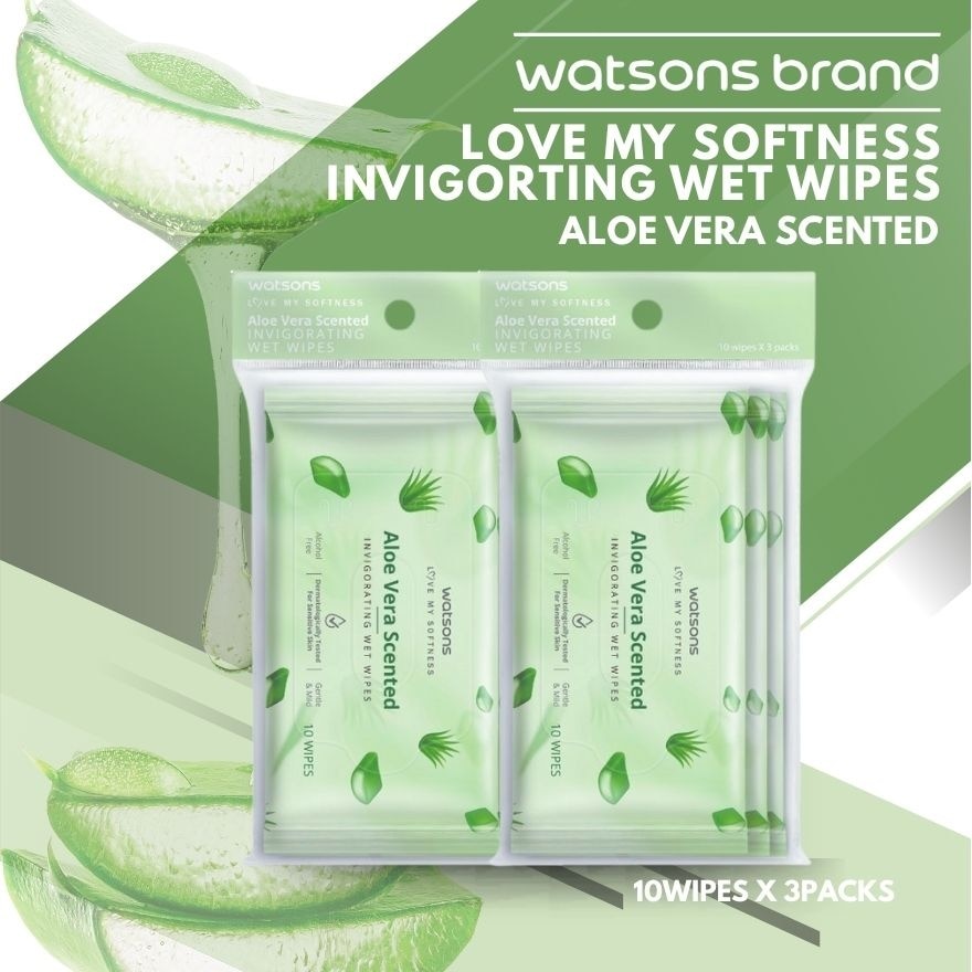 WATSONS Invigorating Wet Wipes Aloe Vera Scented 10 Wipes x 3 Pack
