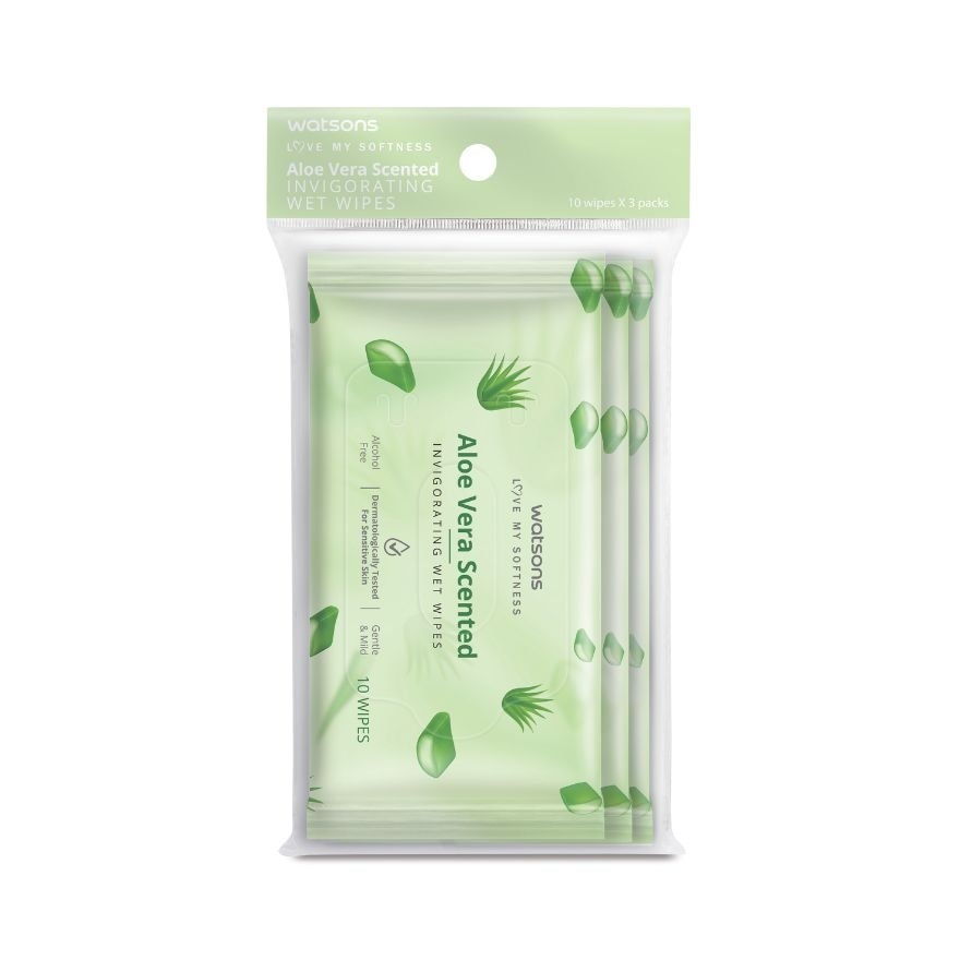 WATSONS Invigorating Wet Wipes Aloe Vera Scented 10 Wipes x 3 Pack