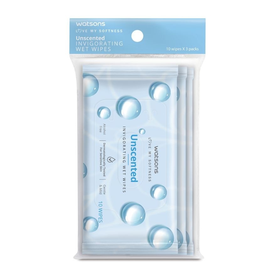 WATSONS Invigorating Wet Wipes Unscented 10 Wipes x 3 Pack