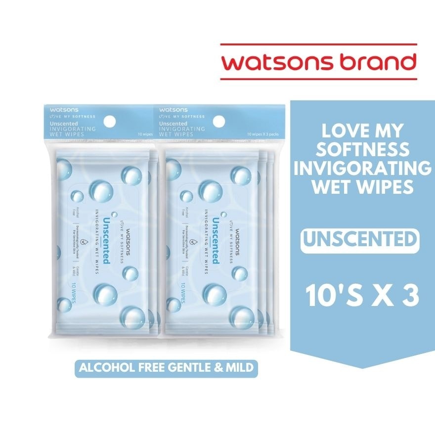 WATSONS Invigorating Wet Wipes Unscented 10 Wipes x 3 Pack