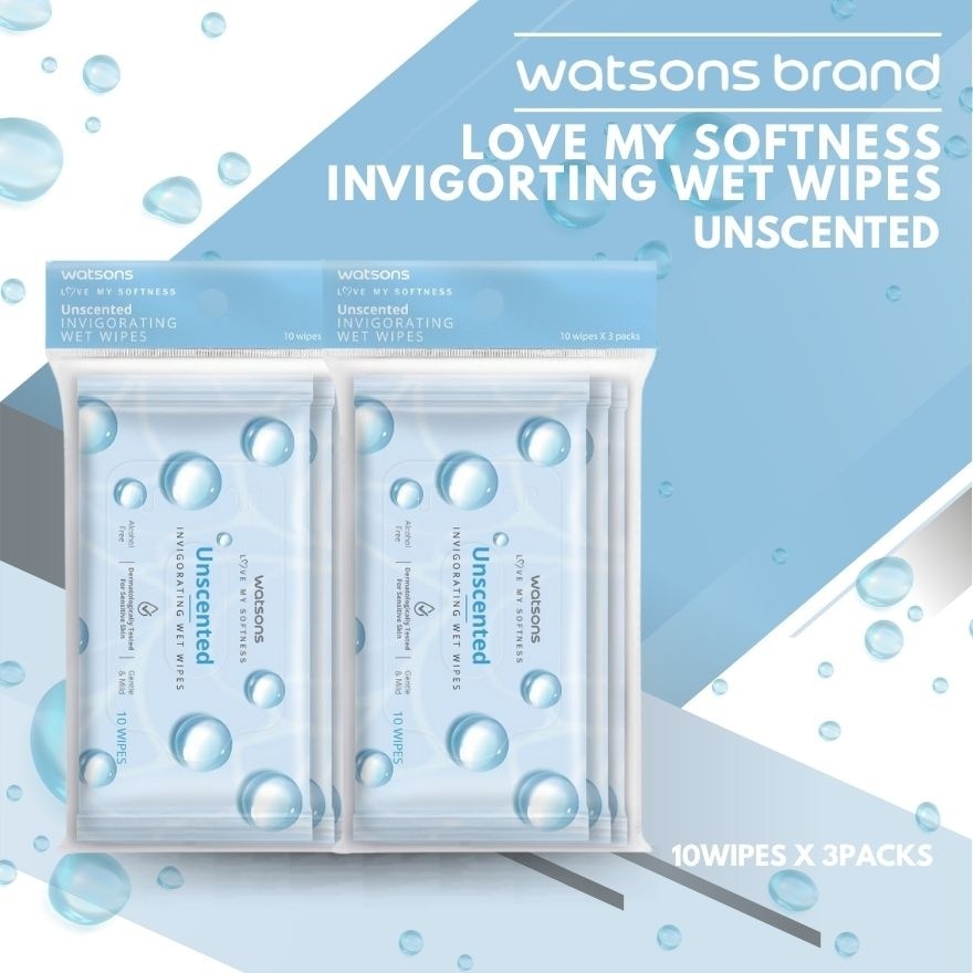 WATSONS Invigorating Wet Wipes Unscented 10 Wipes x 3 Pack