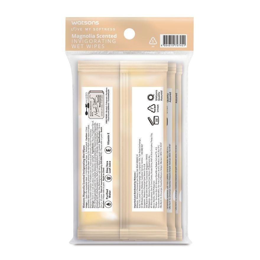 WATSONS Invigorating Wet Wipes Magnolia Scented 10 Wipes x 3 Pack