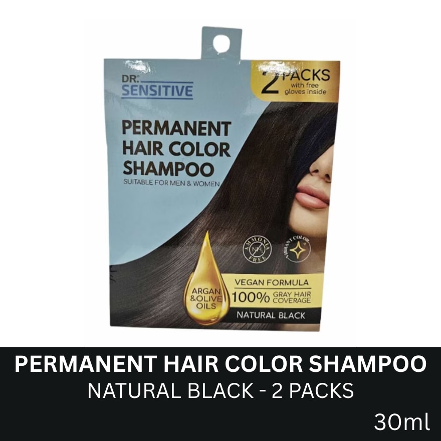 DR SENSITIVE Permanent Hair Color Shampoo Natural Black 30ml 2Pack