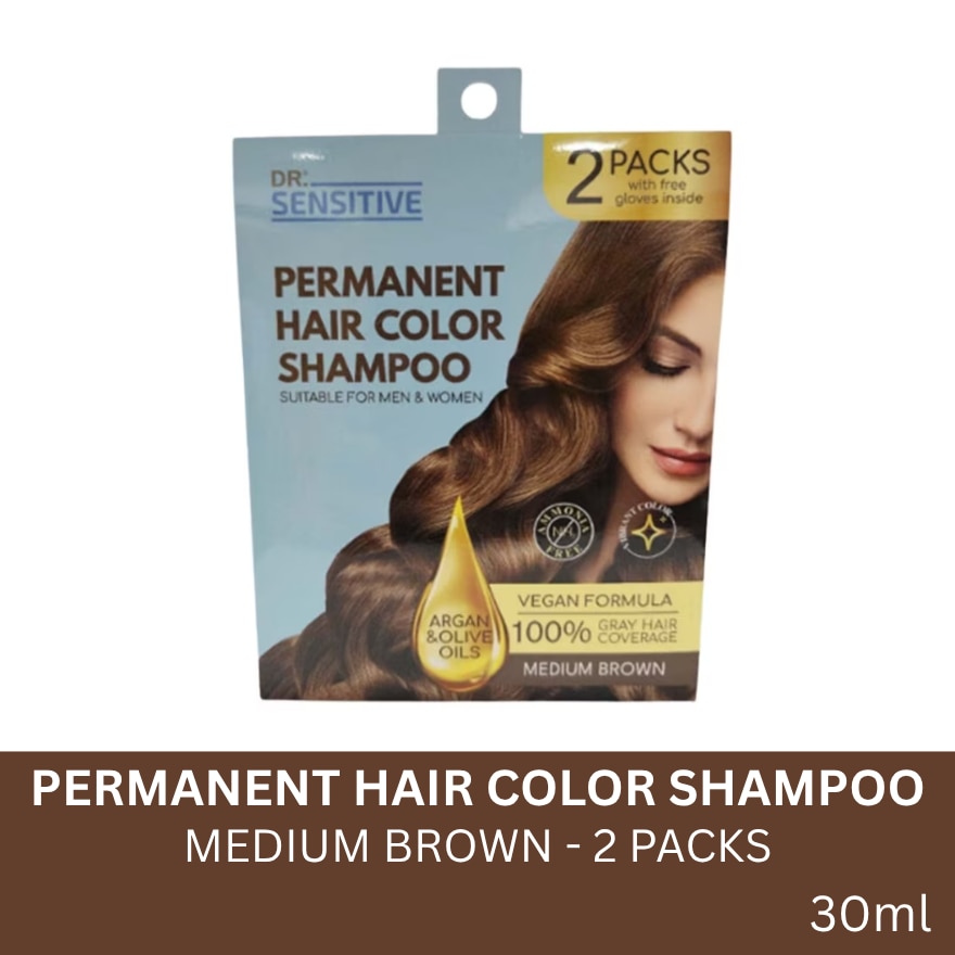 DR SENSITIVE Permanent Hair Color Shampoo Medium Brown 30ml 2Pack