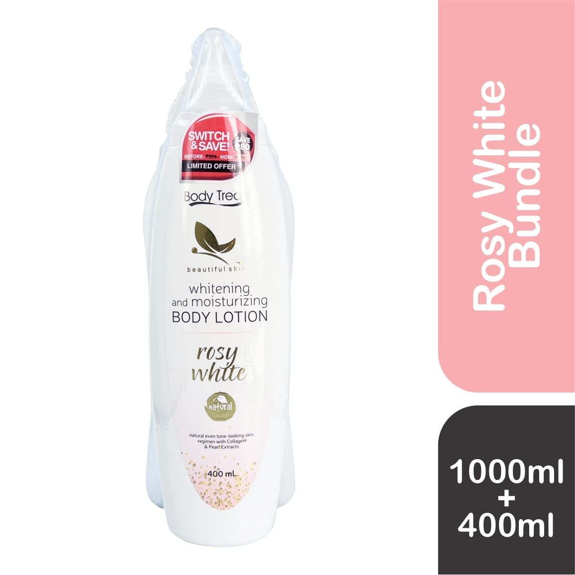BODY TREATS Whitening & Moisturizing Body Lotion Rosy White 1L + 400ml Bundle