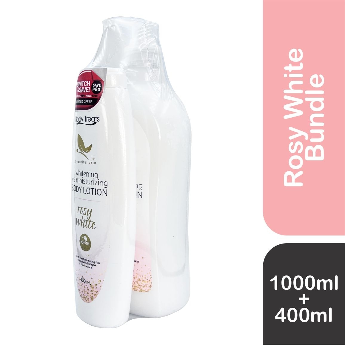 BODY TREATS Whitening & Moisturizing Body Lotion Rosy White 1L + 400ml Bundle