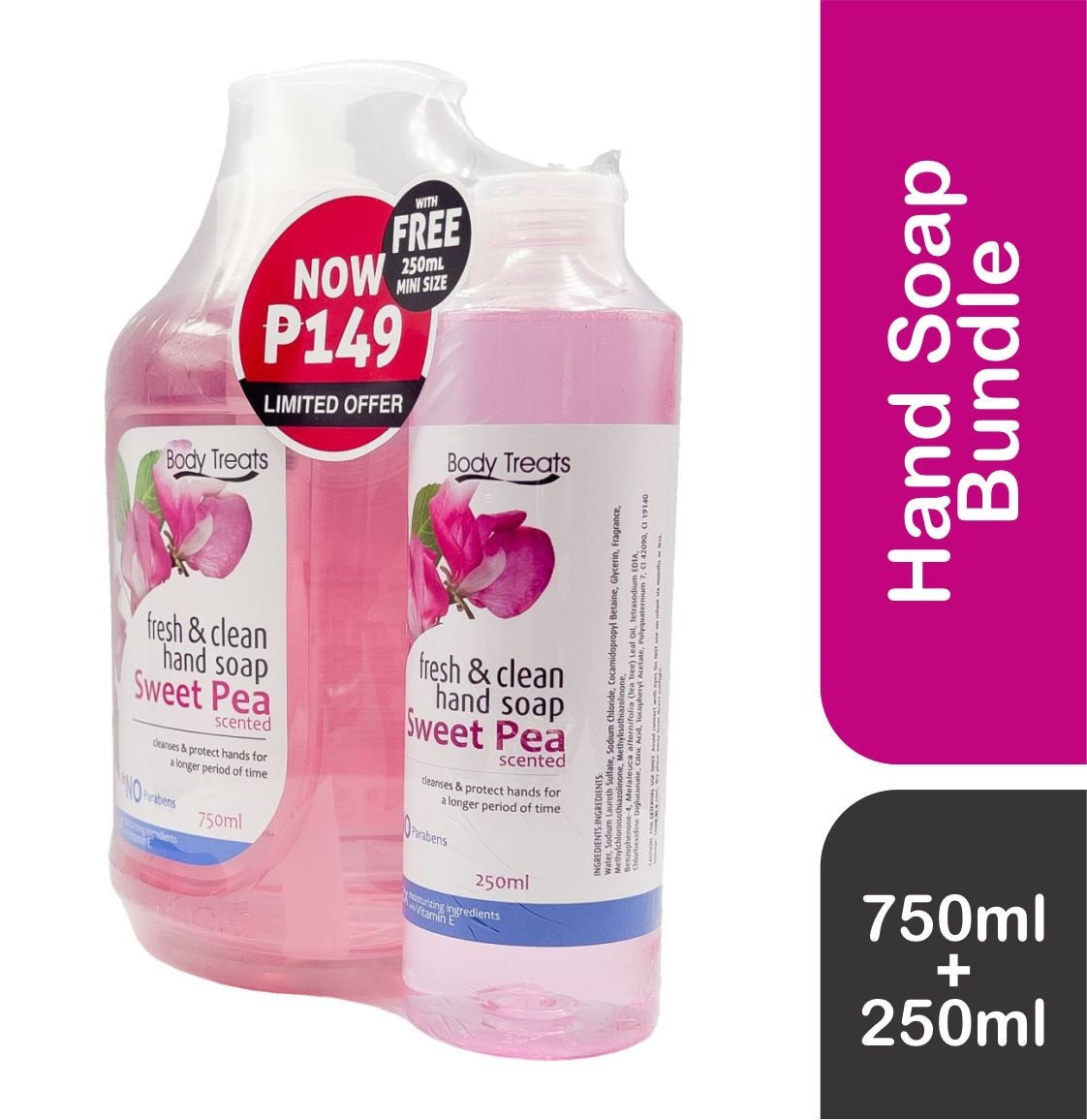 BODY TREATS Fresh & Clean Hand Soap Sweet Pea 750ml + 250ml Bundle