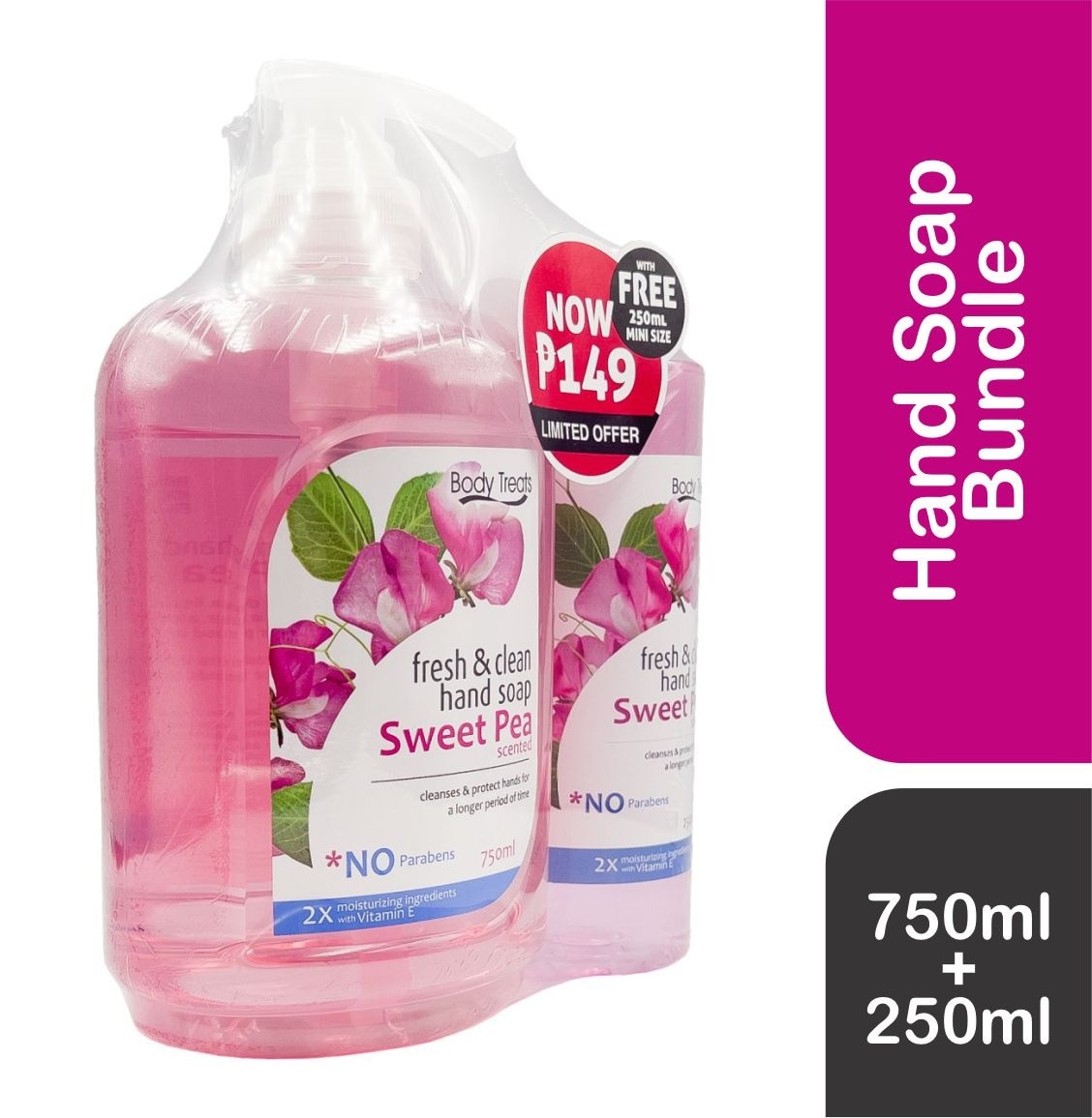 BODY TREATS Fresh & Clean Hand Soap Sweet Pea 750ml + 250ml Bundle