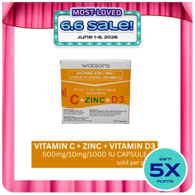 WATSONS GENERICS - WATSONS GENERICS Ascorbic Acid + Zinc + Vitamin D3 500mg/10mg/1000 IU Capsule (Sold Per Piece)