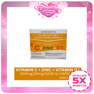 WATSONS GENERICS - WATSONS GENERICS Ascorbic Acid + Zinc + Vitamin D3 500mg/10mg/1000 IU Capsule (Sold Per Piece)