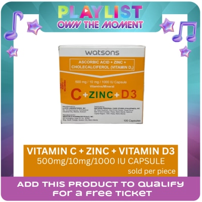 WATSONS GENERICS - WATSONS GENERICS Ascorbic Acid + Zinc + Vitamin D3 500mg/10mg/1000 IU Capsule (Sold Per Piece)