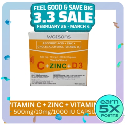 WATSONS GENERICS WATSONS GENERICS Ascorbic Acid + Zinc + Vitamin D3 500mg/10mg/1000 IU Capsule (Sold Per Piece)