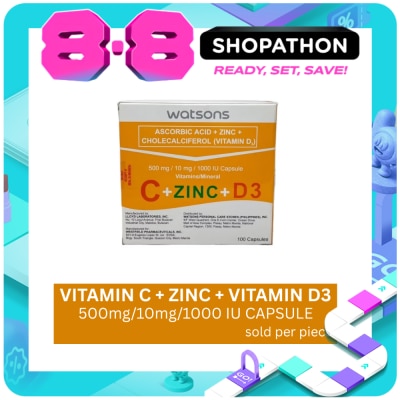WATSONS GENERICS - WATSONS GENERICS Ascorbic Acid + Zinc + Vitamin D3 500mg/10mg/1000 IU Capsule (Sold Per Piece) image