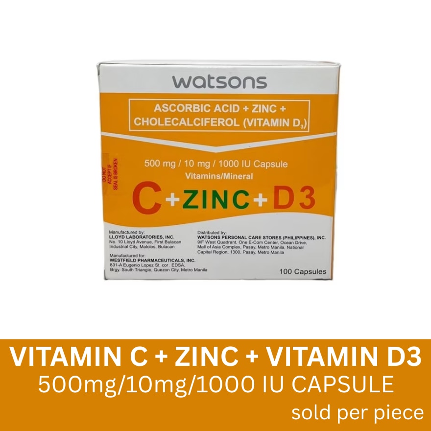 WATSONS GENERICS Ascorbic Acid + Zinc + Vitamin D3 500mg/10mg/1000 IU Capsule (Sold Per Piece)