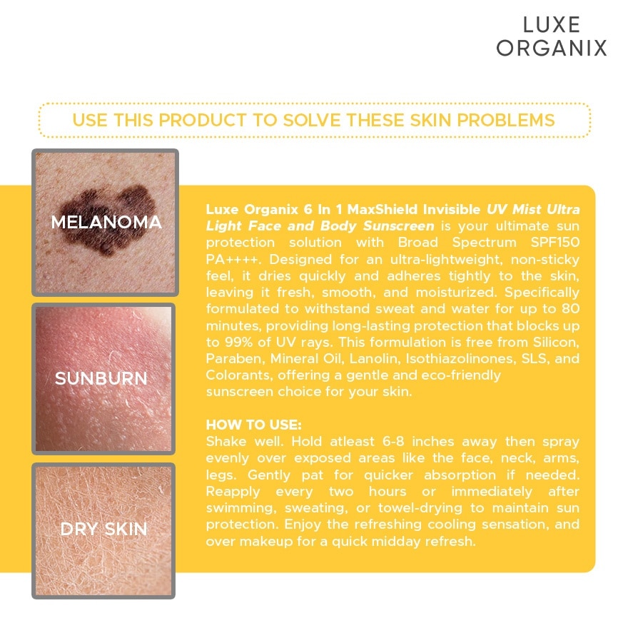 LUXE ORGANIX 6-in-1 Maxshield Invisible UV Mist Ultra-Light Face & Body Sunscreen Cooling SPF150 90ml
