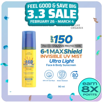 LUXE ORGANIX LUXE ORGANIX 6-in-1 Maxshield Invisible UV Mist Ultra-Light Face & Body Sunscreen Cooling SPF150 90ml