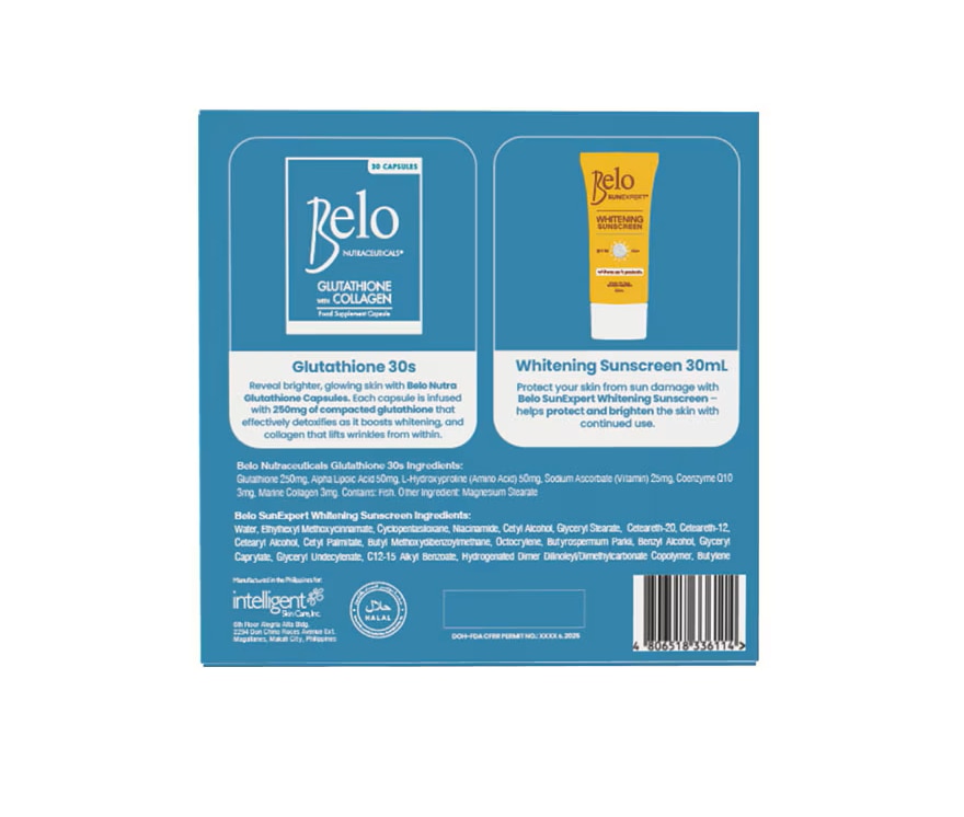 BELO Glutathione Capsule 30s x Whitening Sunscreen SPF50 30ml Bundle