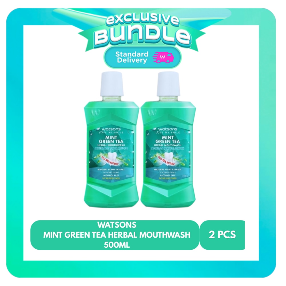 WATSONS Mint Green Tea Herbal Mouthwash 500ml X2- Bundle image