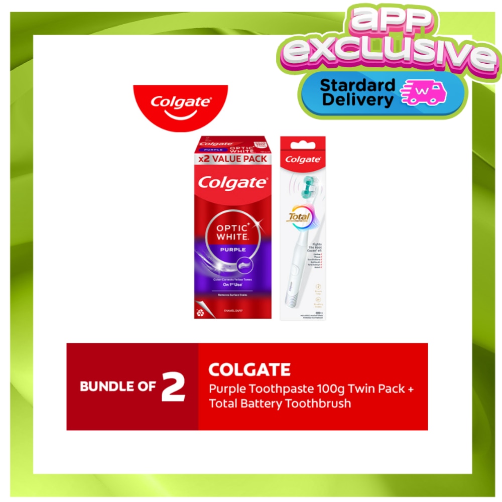 Colgate Optic White Purple Toothpaste 100g 2s + Total Battery Toothbrush image