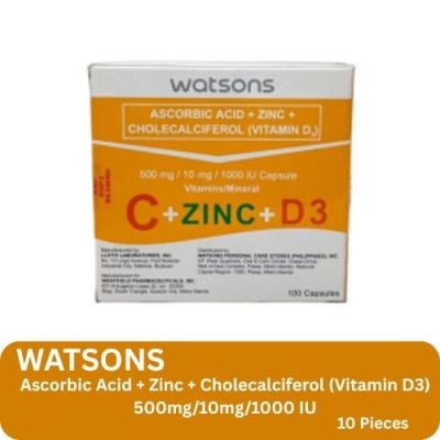 WATSONS GENERICS - Watsons Ascorbic Acid + Zinc + Cholecalciferol (Vitamin D3) 500mg/10mg/1000 IU 10s image