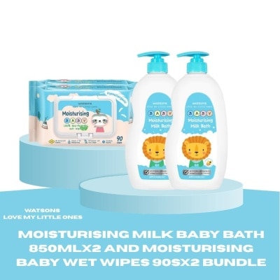 WATSONS - WATSONS Moisturising Milk  Baby Bath 850ML x 2 and Moisturising Baby Soft Wipes 90 wipes x 2 Bundle image