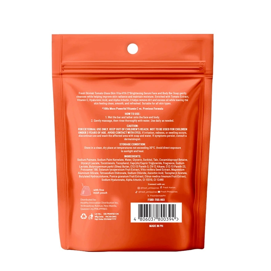 FRESH SKINLAB TOMATO Glass Skin Vita Hya C Brightening Serum Face & Body Bar Soap 100g Sachet image