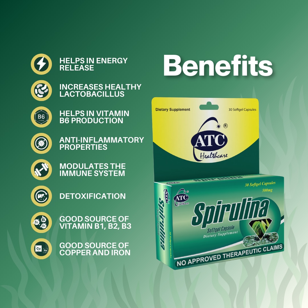 ATC HEALTH Spirulina Soybean Oil Beeswax 500 mg Softgel Capsule Sold Per Piece