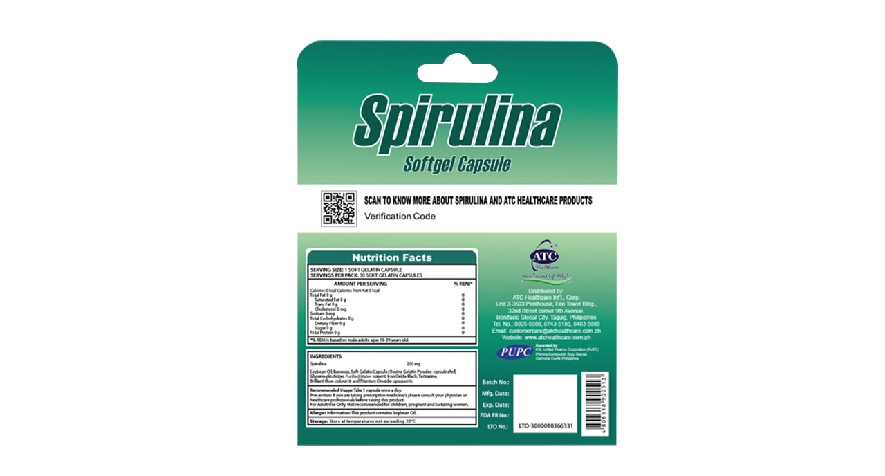 ATC HEALTH Spirulina Soybean Oil Beeswax 500 mg Softgel Capsule Sold Per Piece