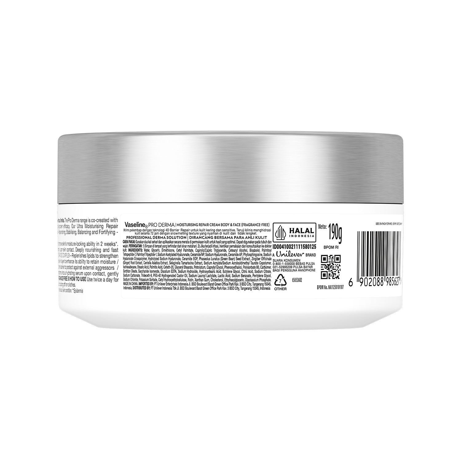 VASELINE Pro Derma Moisturising Repair Cream Fragrance Free 190g image