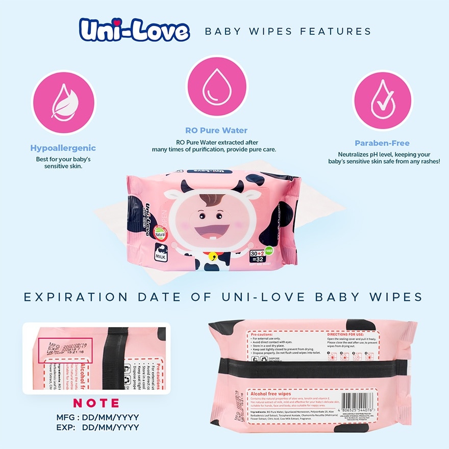 Uni-Love Milk Baby Wipes 32's