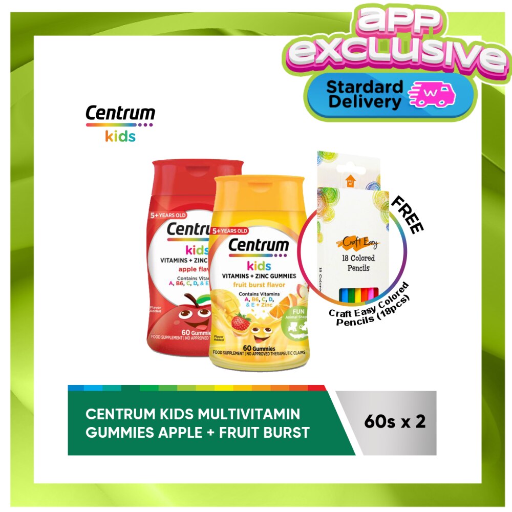 CENTRUM Centrum Kids Gummies Fruit Burst 60s & Apple 60s w/ FREE Colored Pencils (Available in Standard Home Delivery Only)